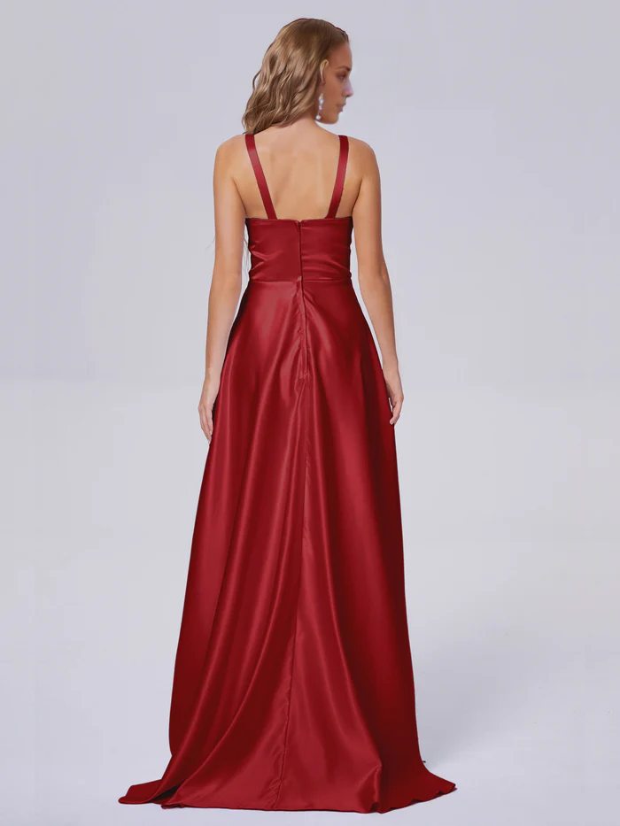 Sleeveless backless satin and floor length bridesmaid dress