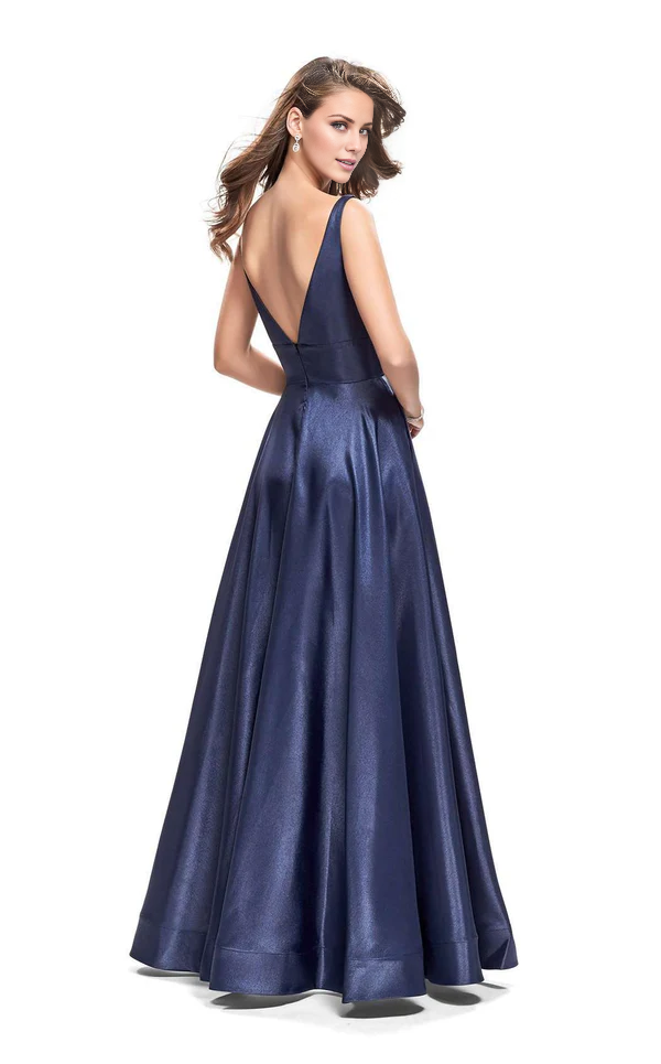 V-neck cross back satin long thin shoulder strap and floor length evening gown