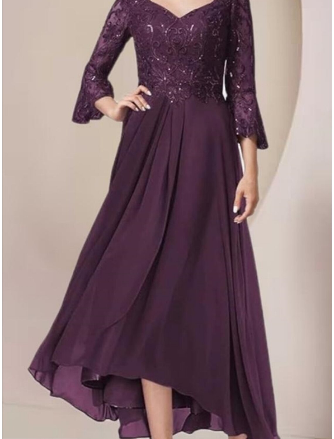 A-Line Mother of the Bride Dress Wedding Guest Elegant V Neck Asymmetrical Ankle Length Chiffon Lace 3/4 Length Sleeve with Pleats Sequin Solid Color