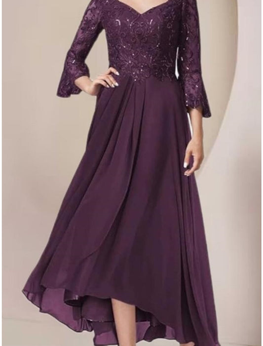 A-Line Mother of the Bride Dress Wedding Guest Elegant V Neck Asymmetrical Ankle Length Chiffon Lace 3/4 Length Sleeve with Pleats Sequin Solid Color