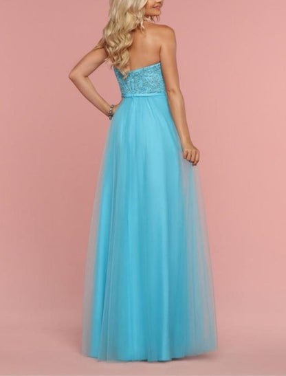 A-Line Bridesmaid Dress Bateau Neck / Straps / Sweetheart Sleeveless Blue Floor Length Lace / Shantung / Tulle with Lace / Pleats / Draping