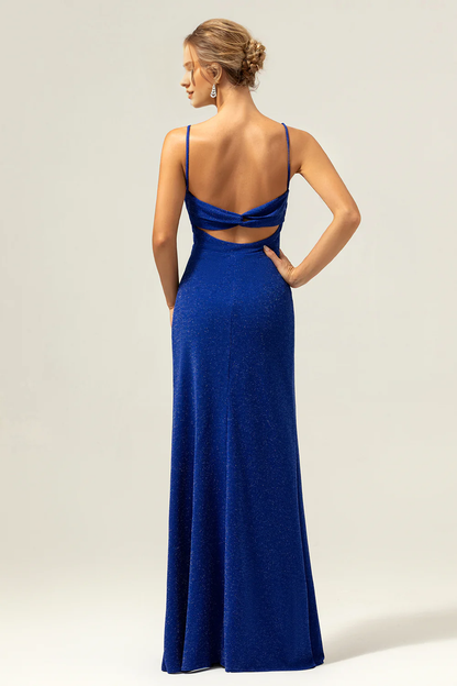 Shiny deep blue fish tail thin shoulder strap twisted pleat long slit dance dress