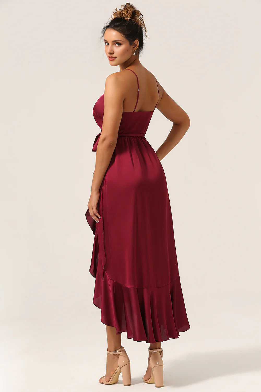 Wine red ruffled asymmetrical thin shoulder bridesmaid dress