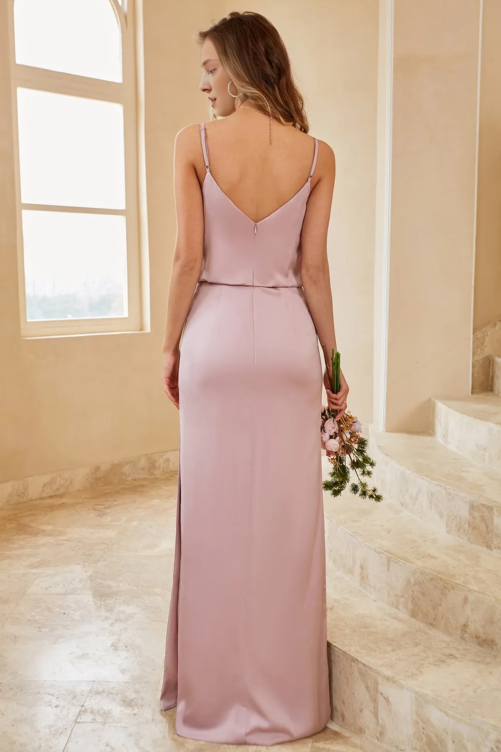 Thin shoulder strap gray pink long bridesmaid dress