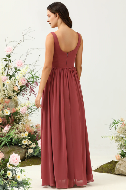 Desert Rose A-line V-neck long chiffon ruffled bridesmaid dress