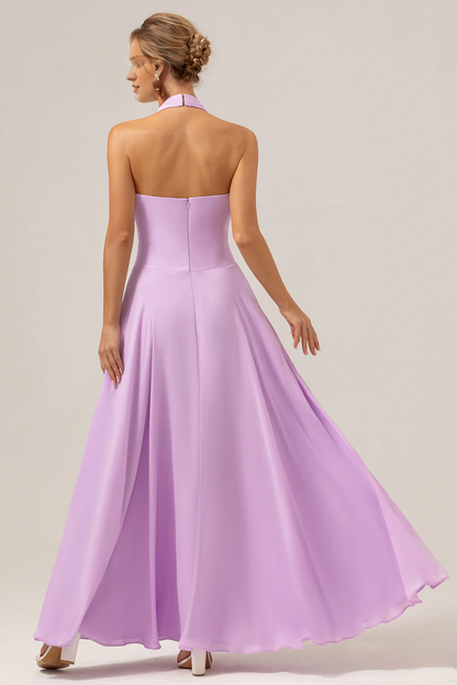 A Line neck hanging backless pleated chiffon long purple buckle bridesmaid dress