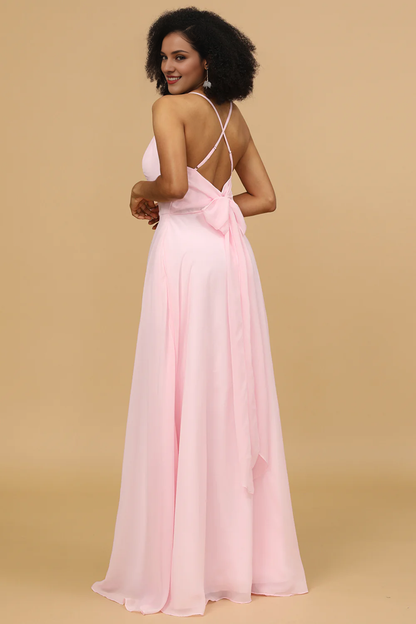 Pink tight fitting/straight thin shoulder strap long chiffon bridesmaid dress