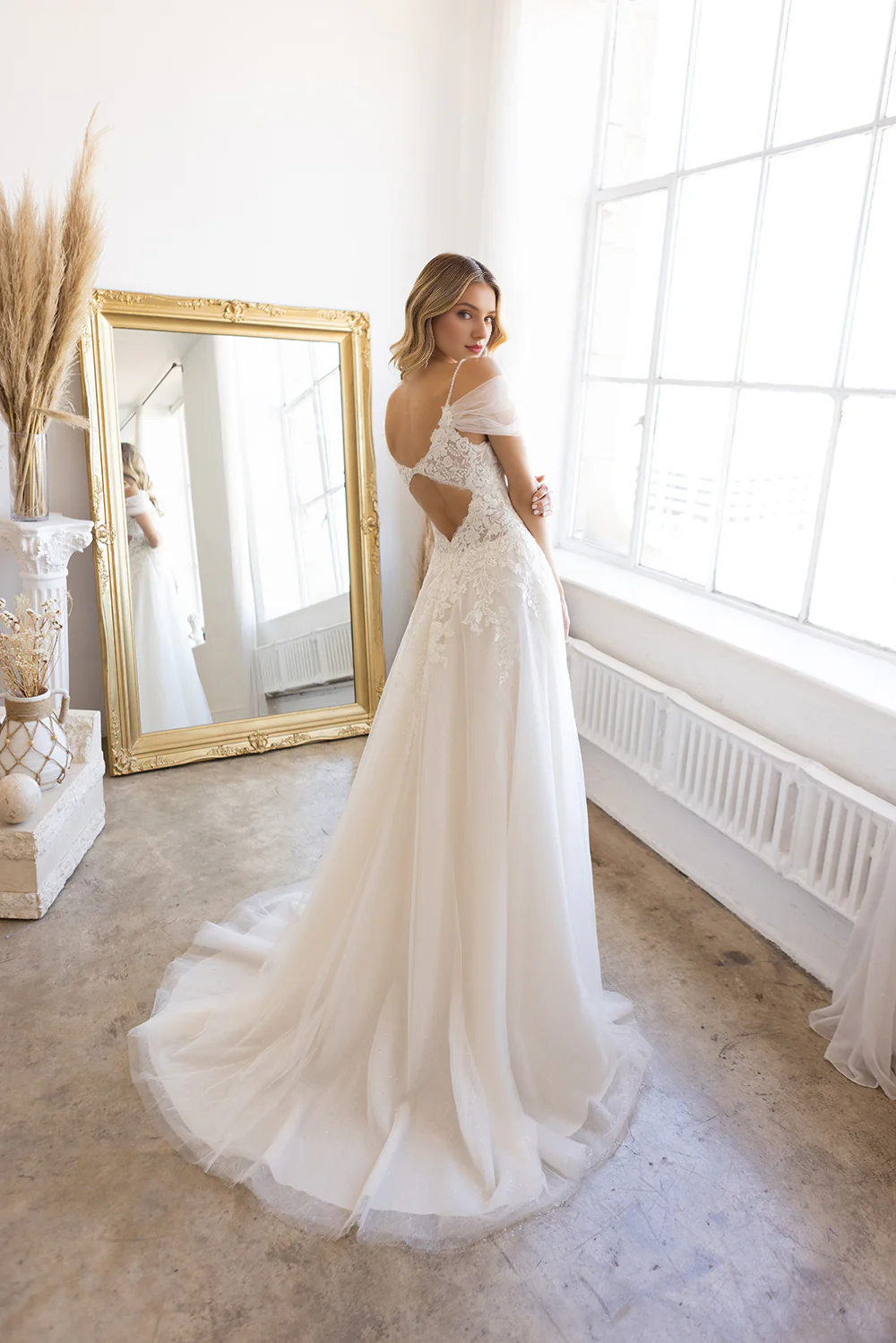 Embroidered lace applique long off shoulder sheer wedding dress