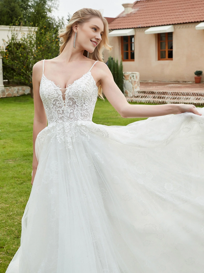 Thin shoulder strap V-neck backless bridal gown