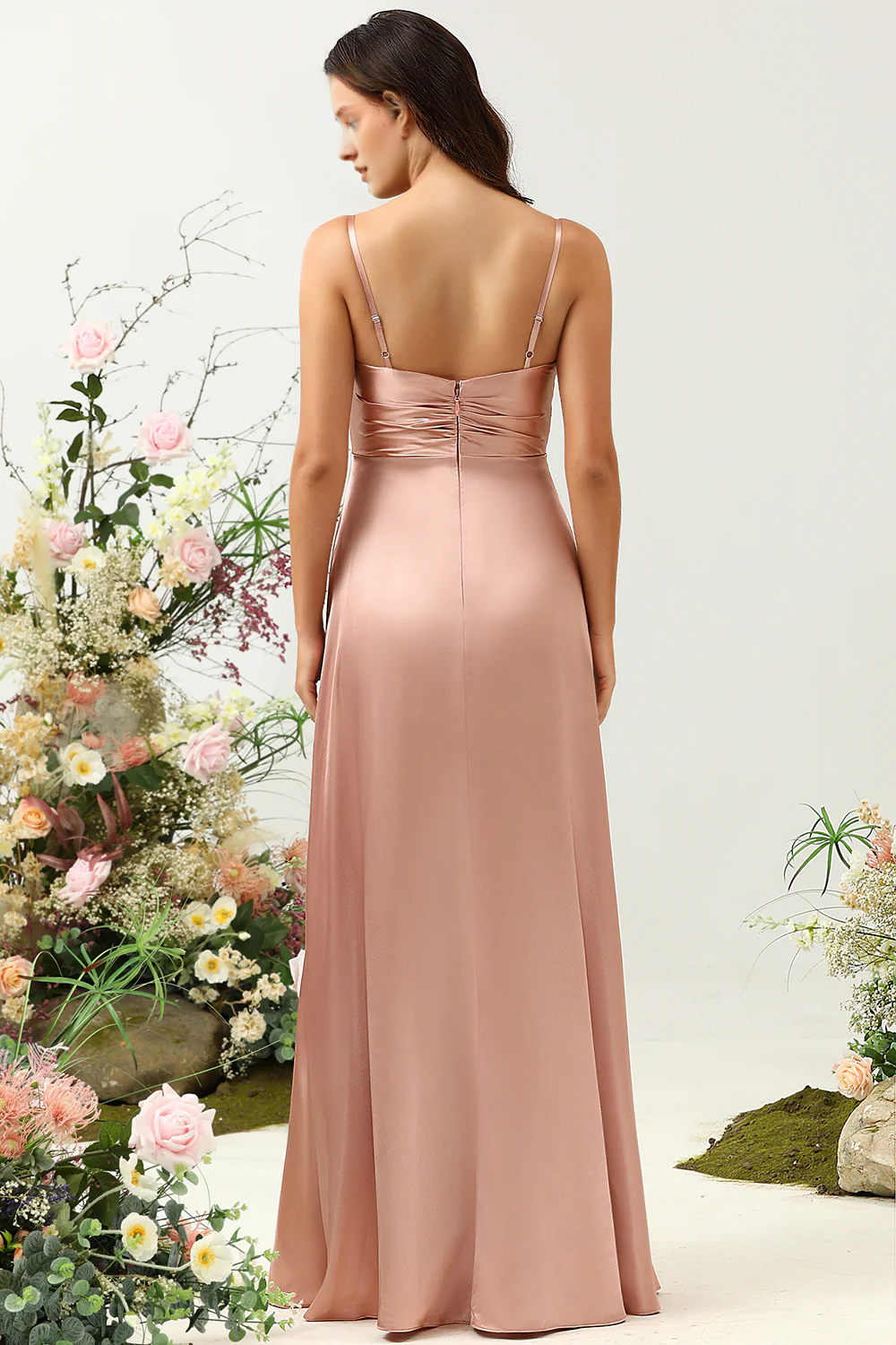 Powder blusher A-line thin shoulder belt bright slit satin bridesmaid dress