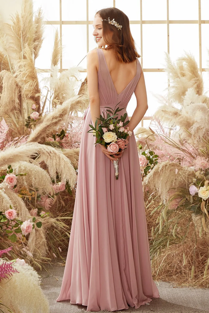 Pink V-neck long chiffon bridesmaid dress