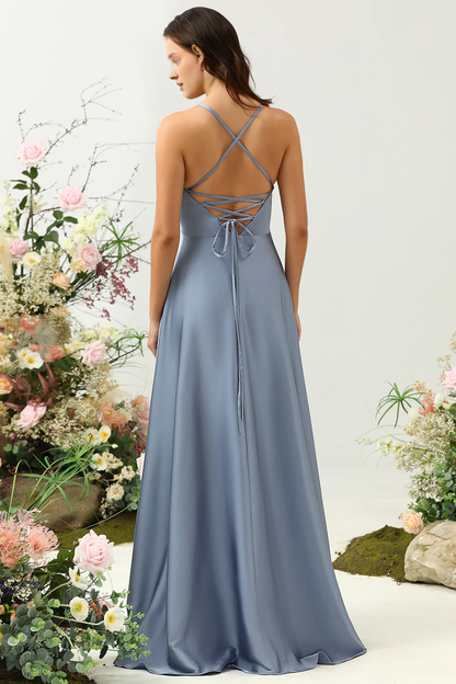 Grey blue A-line thin shoulder strap bright satin ruffled bridesmaid dress