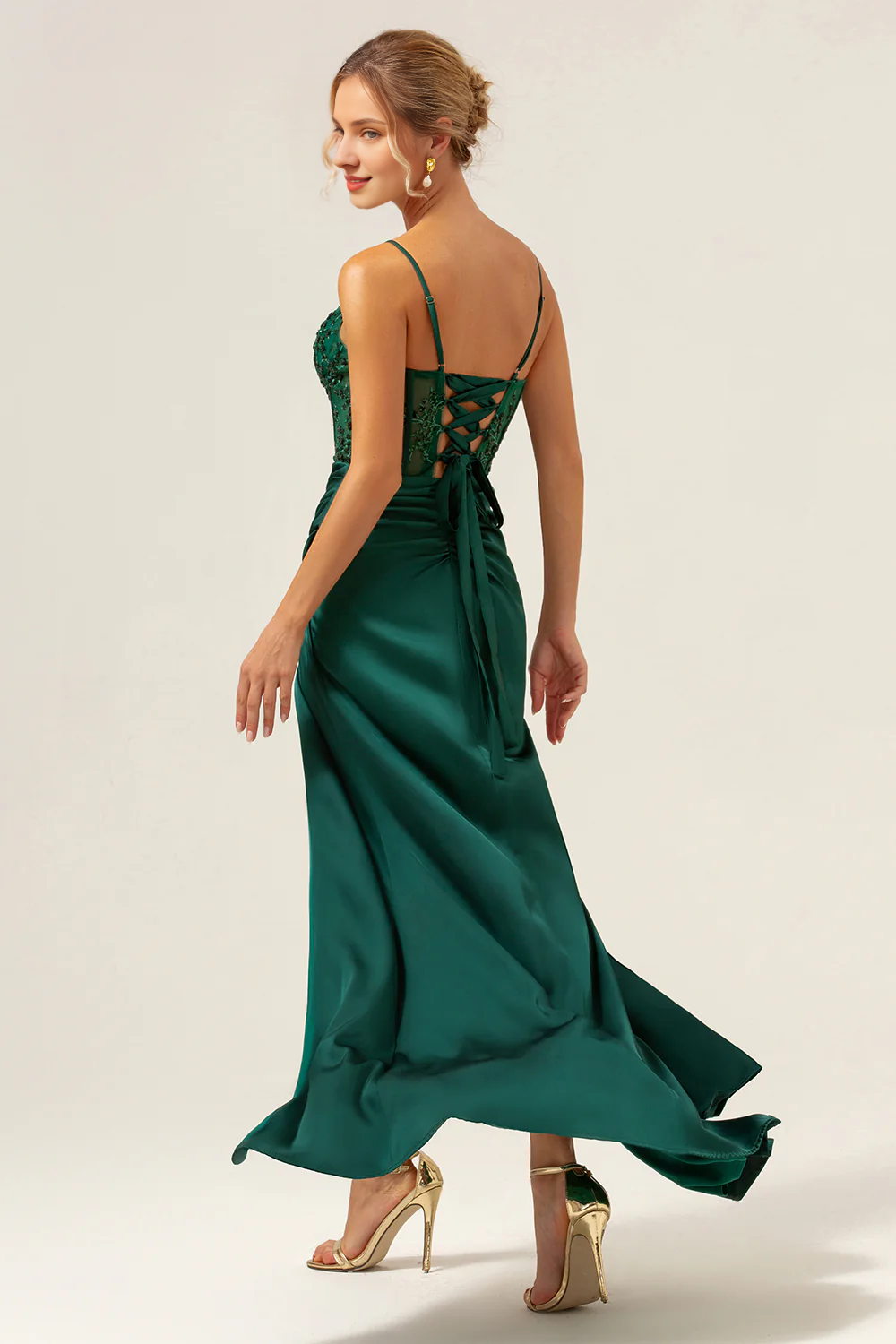 Fish tail thin shoulder strap satin long dark green slit bridesmaid dress