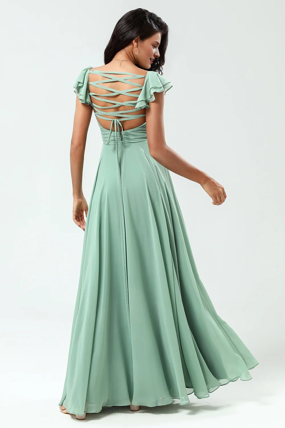 Lace up back cross A-line chiffon green ruffled bridesmaid dress