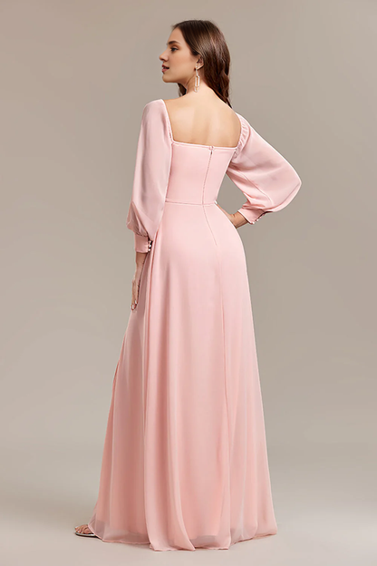 Pink A-line slit off shoulder long wedding guest dress