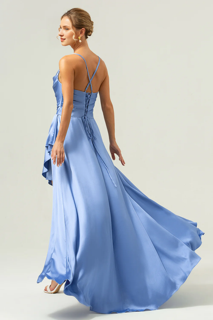 A-line satin asymmetrical ruffled blue bridesmaid dress