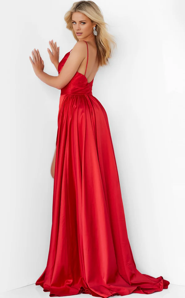 A-line V-neck spaghetti straps backless side slit evening dress