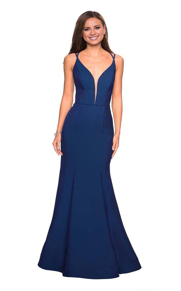 Deep V-neck lace up backless trumpet shaped and floor length evening gown