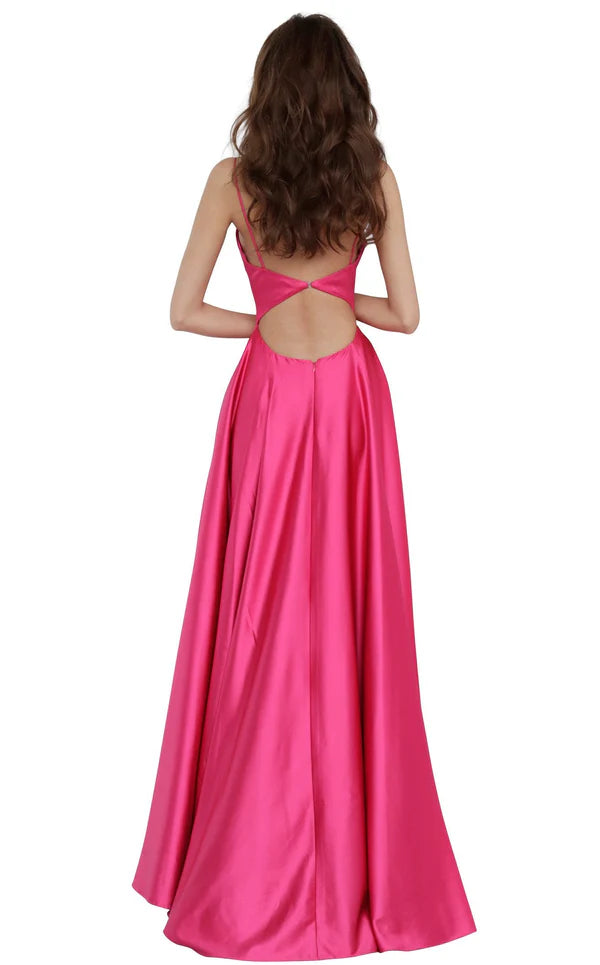 A-line deep V-neck tight corset with thin shoulder straps and floor length evening gown