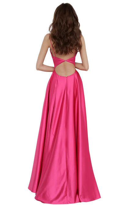 A-line deep V-neck tight corset with thin shoulder straps and floor length evening gown