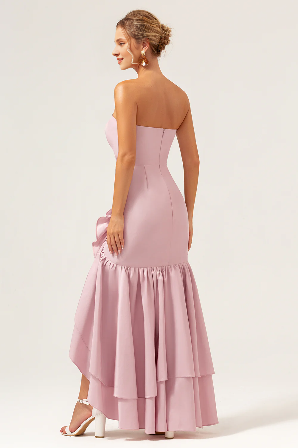 Lotus leaf edge slit pink fish tail strapless asymmetrical bridesmaid dress