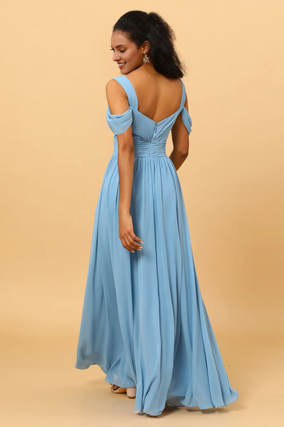 Steel blue A-line V-neck off shoulder chiffon bridesmaid dress