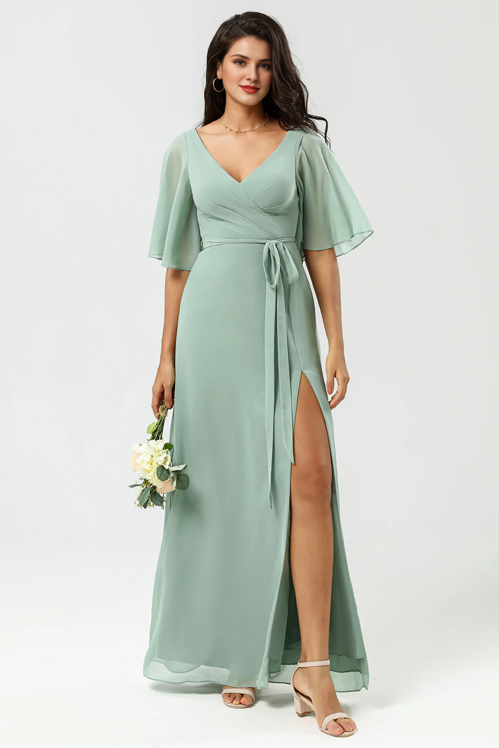 A-link V-neck long chiffon matcha slit bridesmaid dress