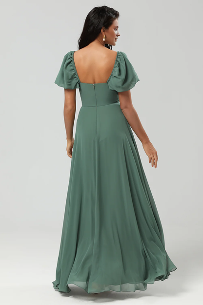 A-line chiffon bubble sleeve eucalyptus color slit bridesmaid dress