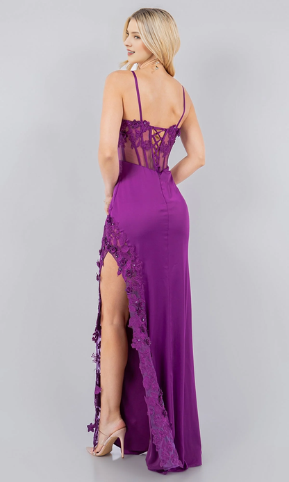 Thin shoulder strap tight corset with transparent lace slit and floor length Prom dress