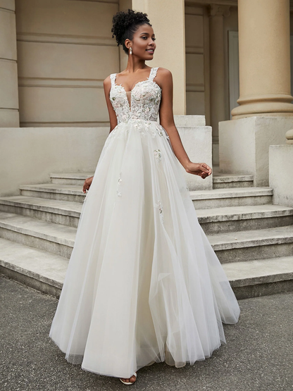 V-neck floral decal chiffon wedding dress