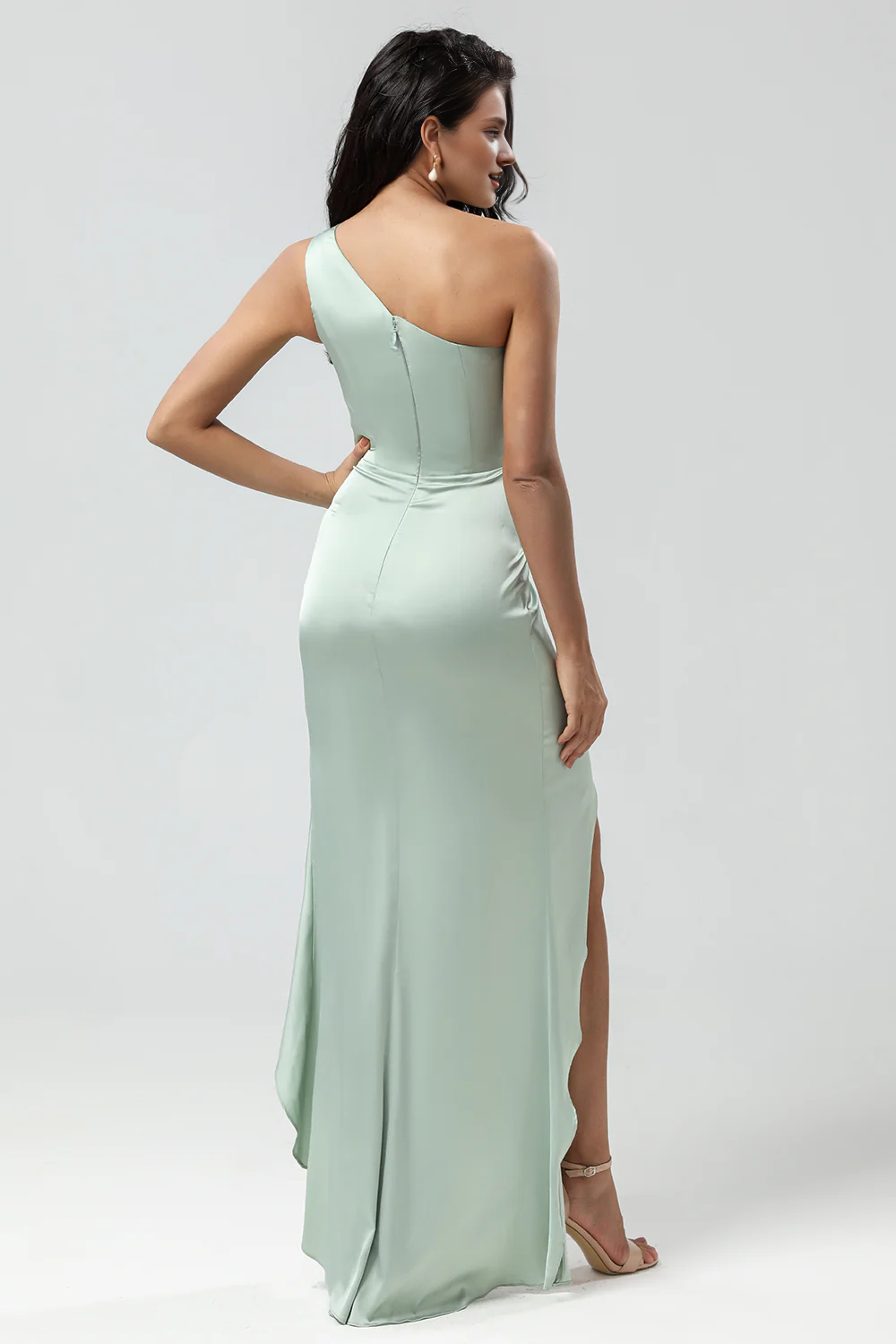 Lotus leaf edge fish tail one shoulder pleated matcha bridesmaid dress