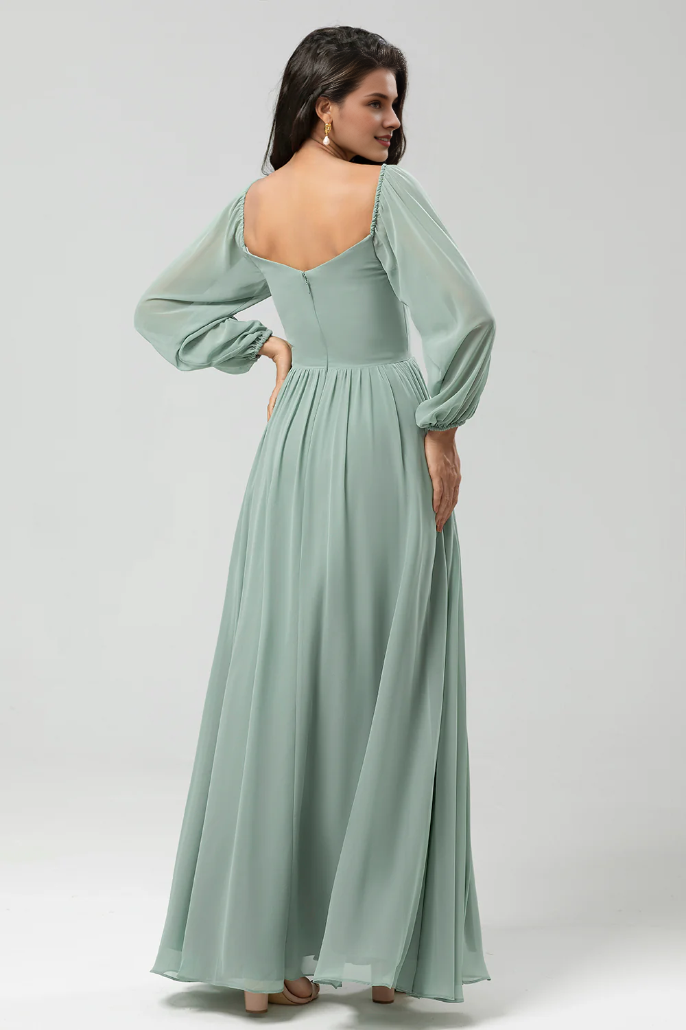 Matcha A-line slit open shoulder chiffon bridesmaid dress