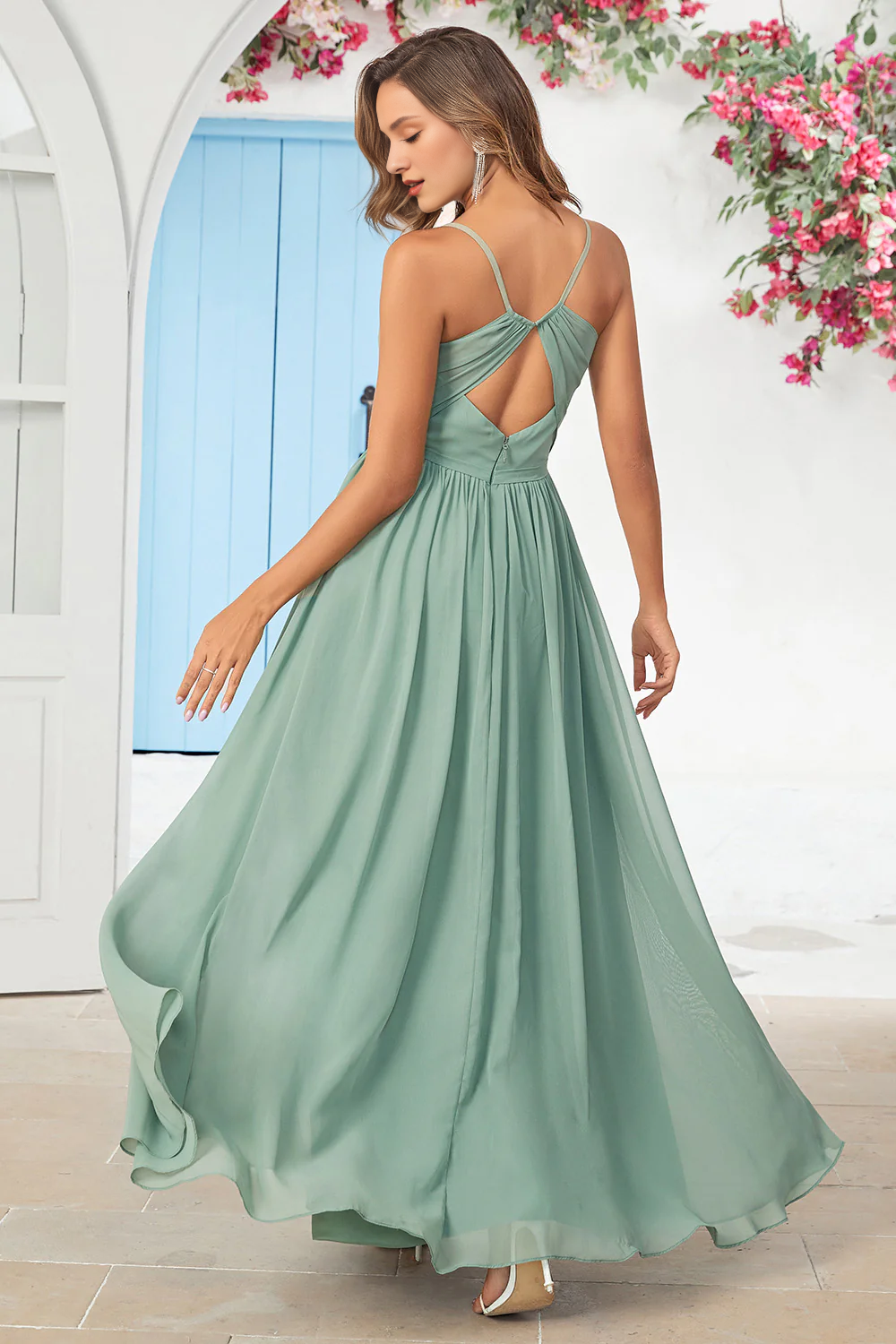 Matcha thin shoulder strap cross cross vest tight corset long bridesmaid dress