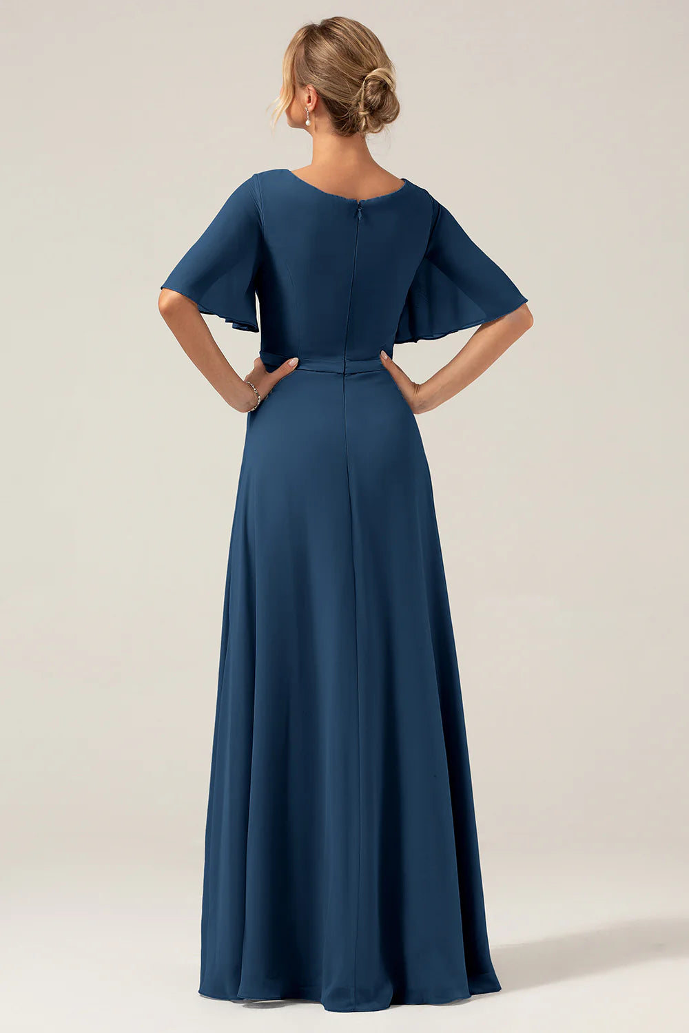 Navy blue A-line V-neck chiffon short sleeved and floor length skirt