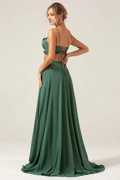 A-line thin shoulder strap backless chiffon eucalyptus long bridesmaid dress