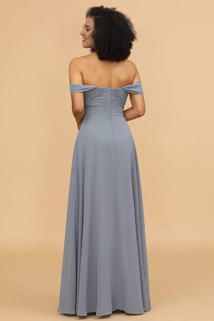 Off shoulder chiffon backless and floor length bridesmaid dress