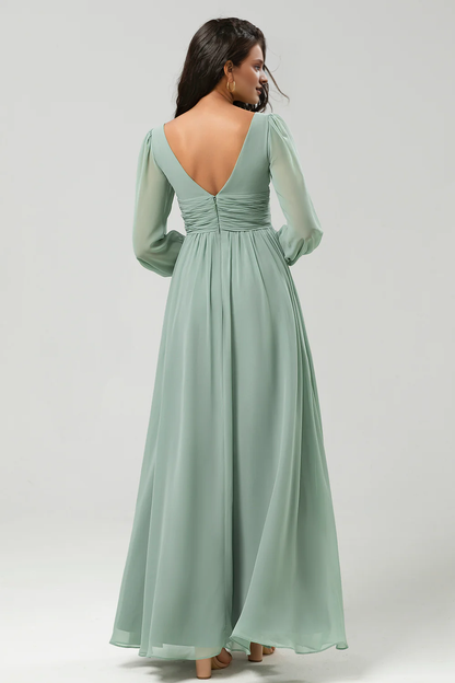 Matcha A-line pleated chiffon and floor slit bridesmaid dress