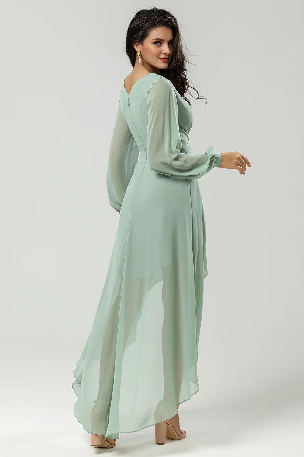 A-line collar long sleeved chiffon matcha bridesmaid dress