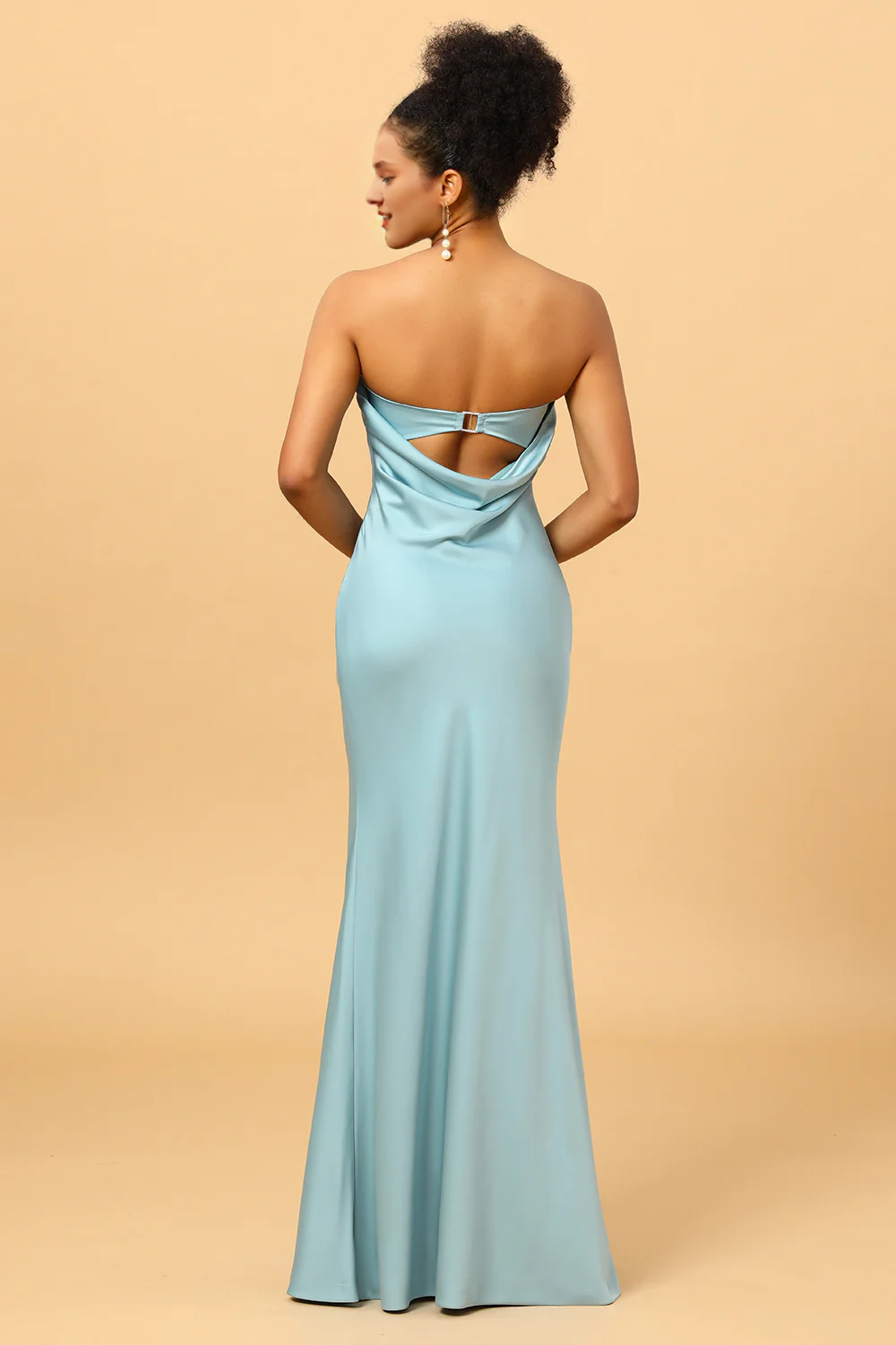 Sky blue backless fish tail strapless and satin bridesmaid dress