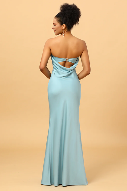 Sky blue backless fish tail strapless and satin bridesmaid dress