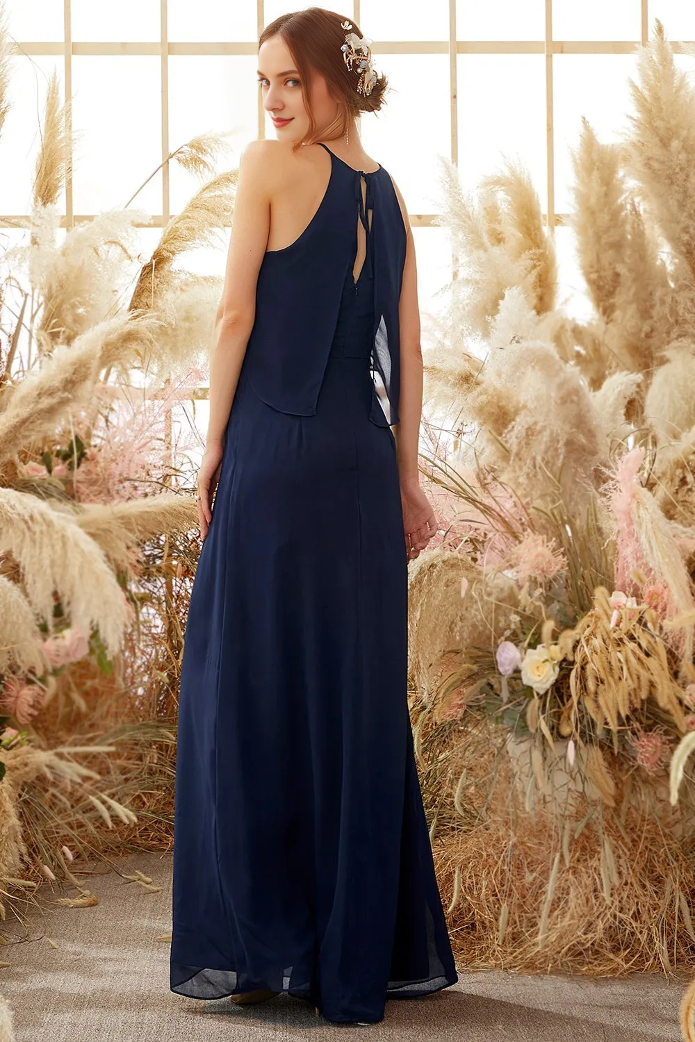 Hanging neck navy blue chiffon bridesmaid dress