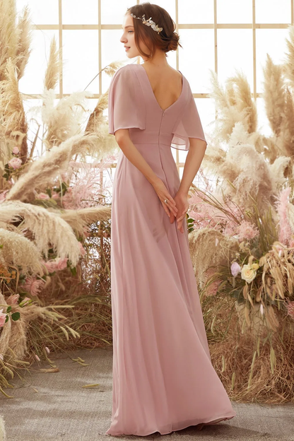 Powder blusher bat wing sleeve chiffon bridesmaid dress