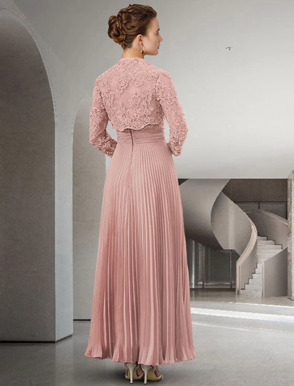 Two Piece A-Line Mother of the Bride Dress Elegant Sweetheart Ankle Length Chiffon Lace Long Sleeve with Jacket Wrap Included Pleats Appliques