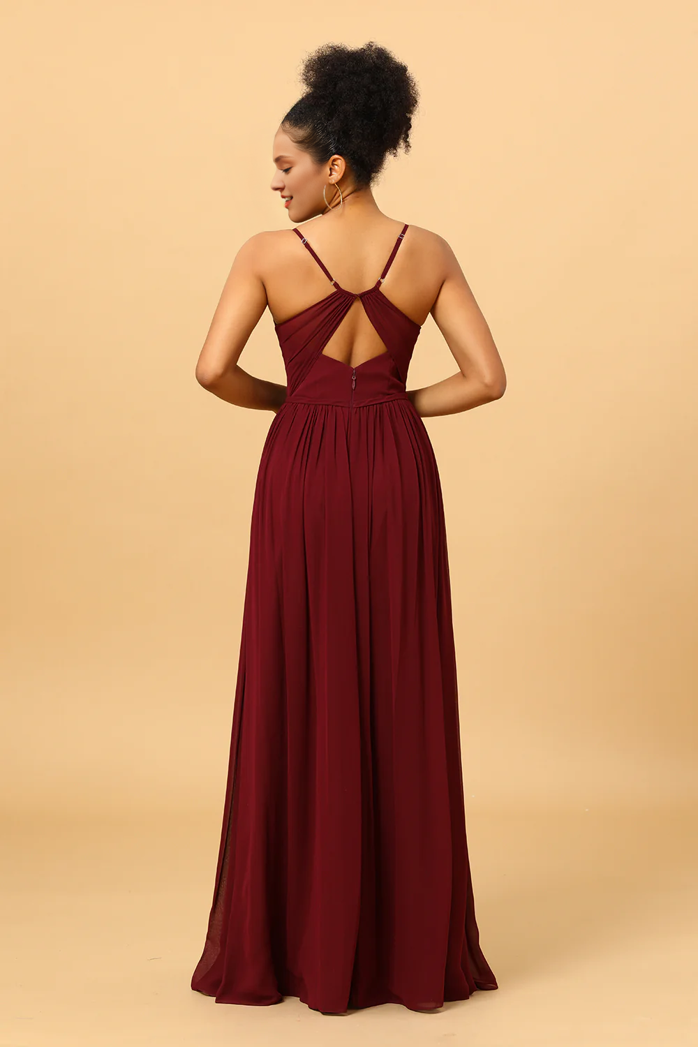 Wine red A-line thin shoulder strap pleated long slit chiffon bridesmaid dress