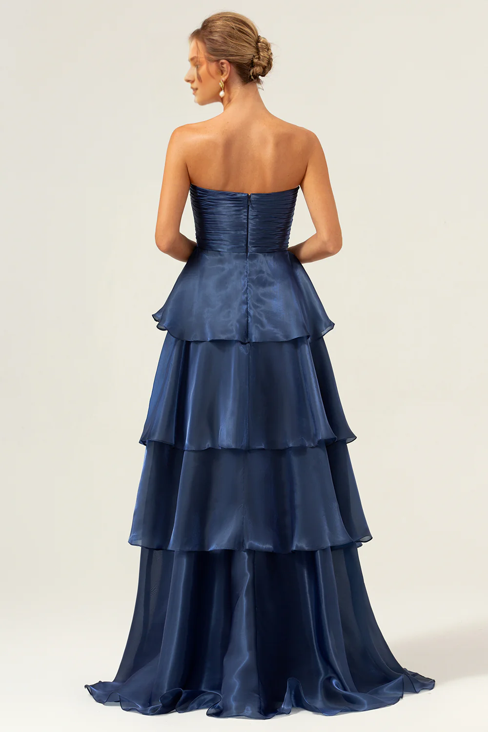 Deep Sea Army Blue A-line strapless layered pleated ruffle hem and floor length bridesmaid dress