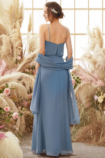 Light blue chiffon thin shoulder strap and floor length bridesmaid dress