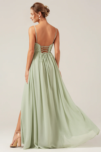 Dusty Sage A Line slim shoulder pleated bridesmaid dress