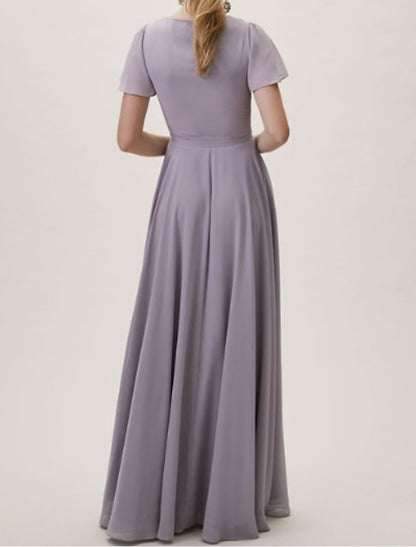 A-Line Bridesmaid Dress V Neck Short Sleeve Elegant Floor Length Chiffon / Lace with Sash / Ribbon / Pleats