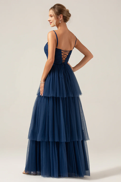 Navy blue A-line thin shoulder strap chiffon pleated long slit bridesmaid dress