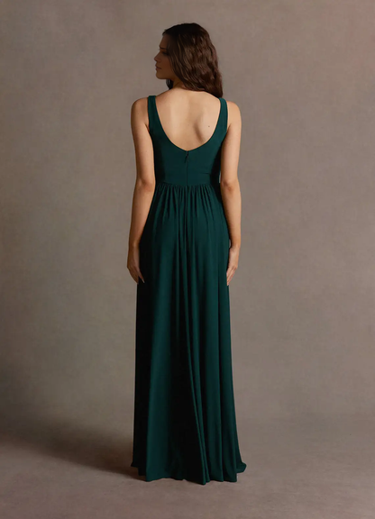 A-line V-neck folds and floor length evening gowns